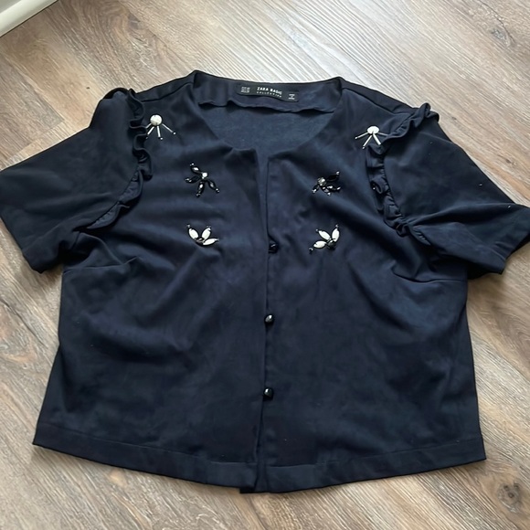 zara navy rhinestone suede crop top size xs - Picture 1 of 3